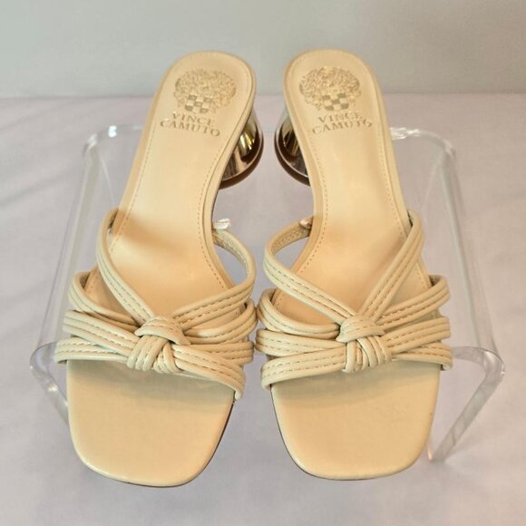 VINCE CAMUTO Laniah Leather Sandals  Block Heel Women Sz 7.5 Cream W/ Gold Heel - Picture 2 of 10